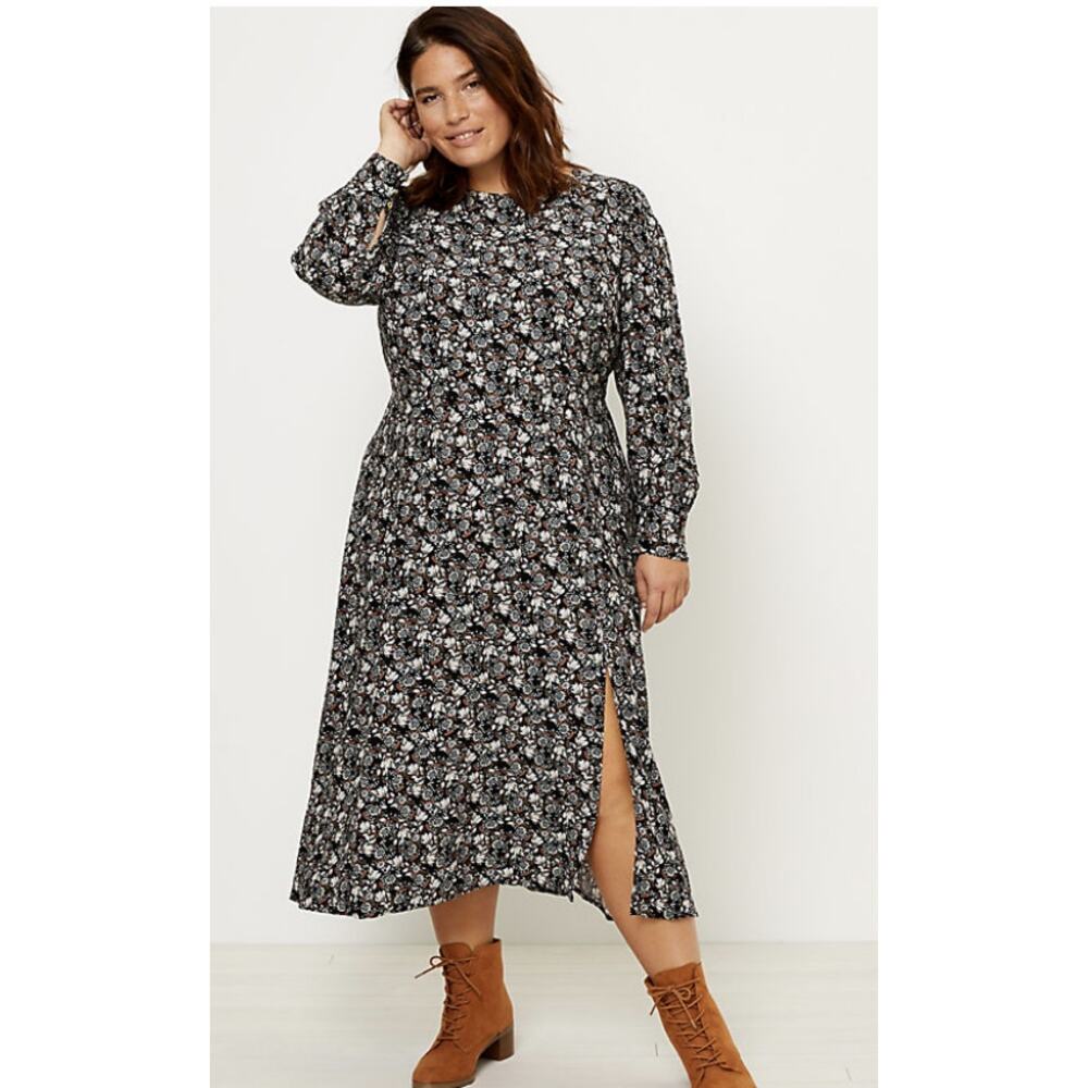 Ann Taylor LOFT Floral Midi Dress WMNS 2 Black Puff Sleeve High Neck Zip Slit LS